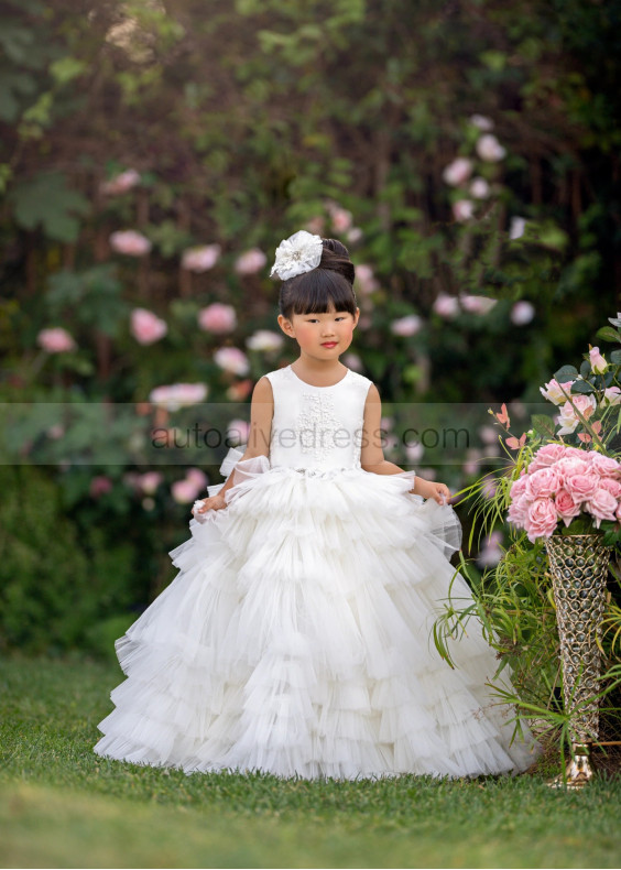 Ivory Lace Ruffled Tulle Floor Length Flower Girl Dress